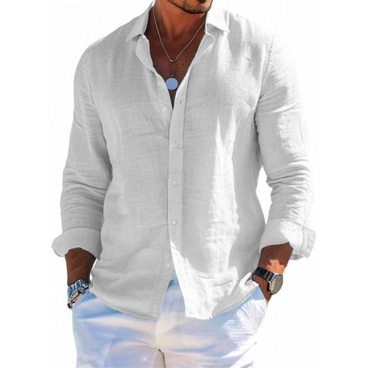 Men's loose fit long sleeve casual shirt with lapel collar in solid color by Ancient Energy, plus size blouse style.