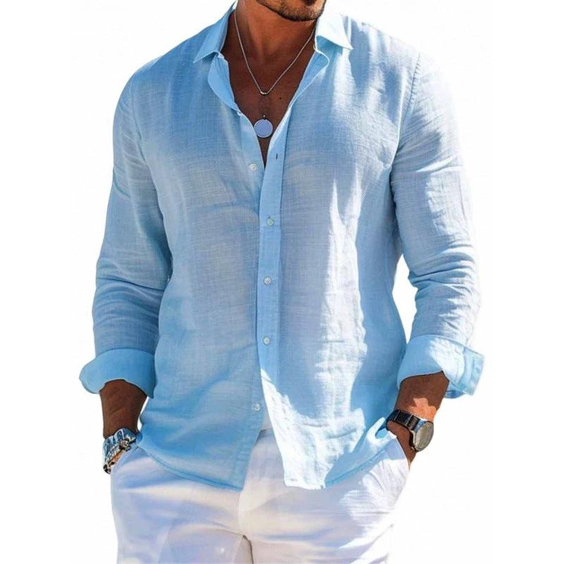 Men's casual long sleeve shirt by Ancient Energy, loose fit with lapel collar, solid color, plus size blouse for comfortable style.