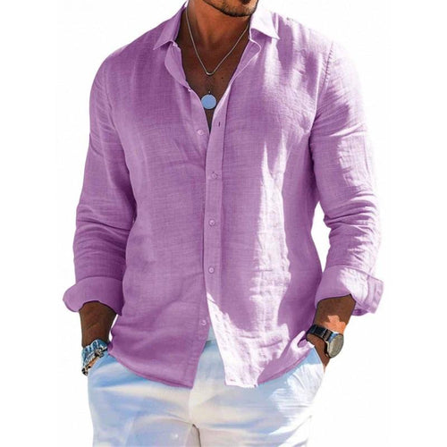 Men's casual long sleeve shirt by Ancient Energy featuring a loose fit, solid color, lapel collar, button front, plus size blouse.