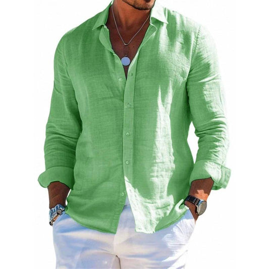 Men's loose fit long sleeve casual shirt by Ancient Energy, solid color with lapel and button front, plus size blouse style.
