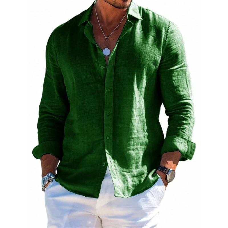 Men's casual loose-fit long sleeve shirt with lapel collar and button closure in solid color by Ancient Energy.