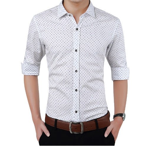 Men's plus size polka dot long-sleeve dress shirt by Ancient Energy, featuring a classic pattern and tailored fit for style and comfort.