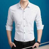 Men's polka dot long-sleeve dress shirt by Ancient Energy in plus size M-5XL, featuring a classic polka dot pattern and button-down collar.