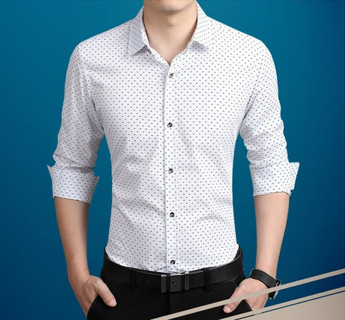 Men's polka dot long-sleeve dress shirt by Ancient Energy in plus size M-5XL, featuring a classic polka dot pattern and button-down collar.
