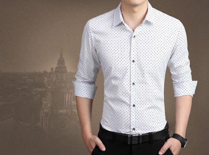 Men's plus size polka dot long-sleeve dress shirt by Ancient Energy, featuring a classic pattern and comfortable fit in sizes M to 5XL.