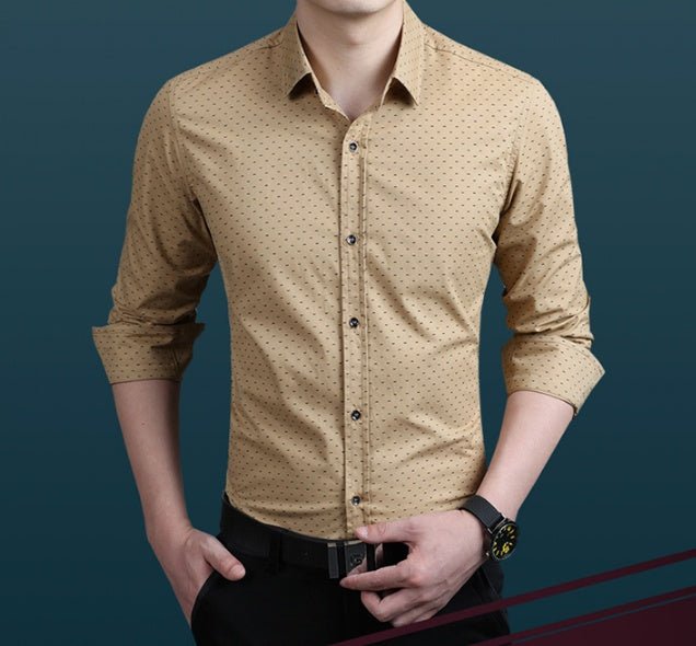 Men's plus size polka dot long-sleeve dress shirt by Ancient Energy, featuring a classic pattern and comfortable fit in sizes M to 5XL.