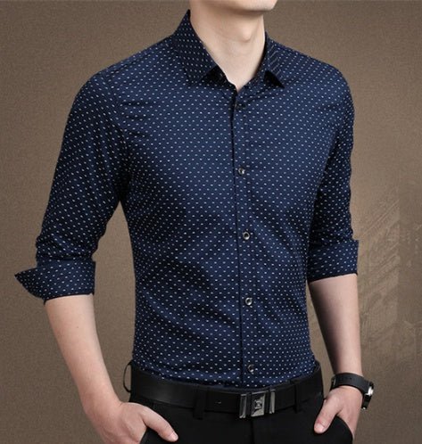 Men's polka dot long-sleeve dress shirt by Ancient Energy, plus size M-5XL, featuring a classic pattern and tailored fit.