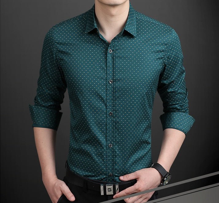 Men's plus-size polka dot long-sleeve dress shirt by Ancient Energy, featuring a classic pattern and comfortable fit in M to 5XL sizes.