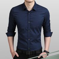 Ancient Energy men's plus size polka dot long-sleeve dress shirt in M-5XL, featuring a classic polka dot pattern and button-front design.