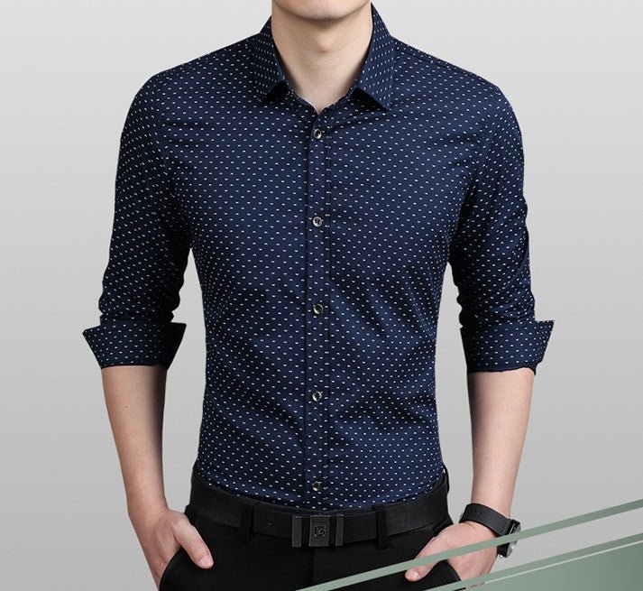 Ancient Energy men's plus size polka dot long-sleeve dress shirt in M-5XL, featuring a classic polka dot pattern and button-front design.