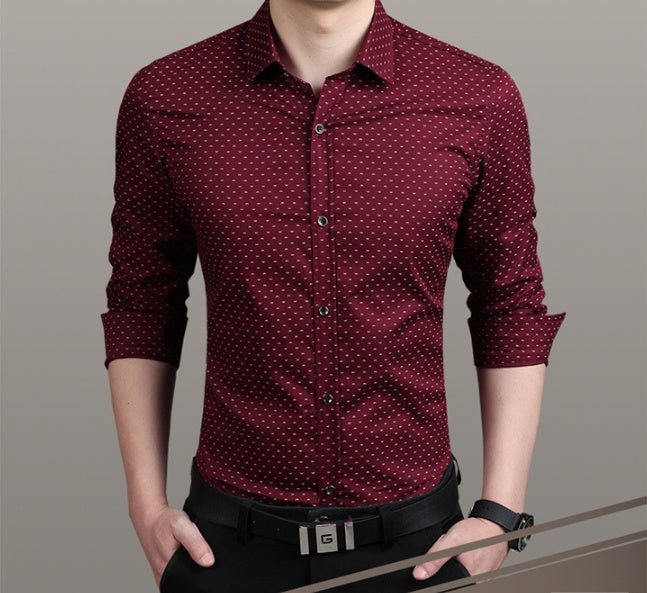 Men's plus size polka dot long-sleeve dress shirt by Ancient Energy, featuring a classic pattern and comfortable fit in various sizes.