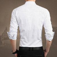 Men's plus size polka dot long-sleeve dress shirt by Ancient Energy, featuring a classic pattern and comfortable fit in sizes M to 5XL.