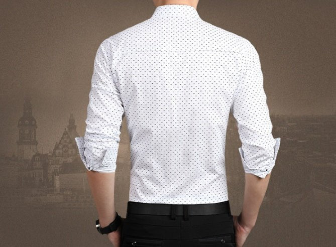 Men's plus size polka dot long-sleeve dress shirt by Ancient Energy, featuring a classic pattern and comfortable fit in sizes M to 5XL.