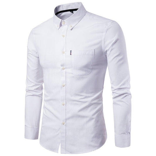 Slim fit men's long sleeve dress shirt by Ancient Energy, Korean style, with a classic collar and tailored design.