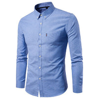 Men's slim fit long sleeve dress shirt by Ancient Energy, Korean style, with a classic collar and button front.