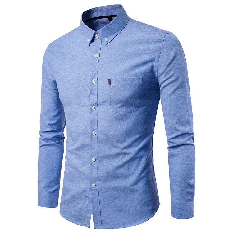 Men's slim fit long sleeve dress shirt by Ancient Energy, Korean style, with a classic collar and button front.