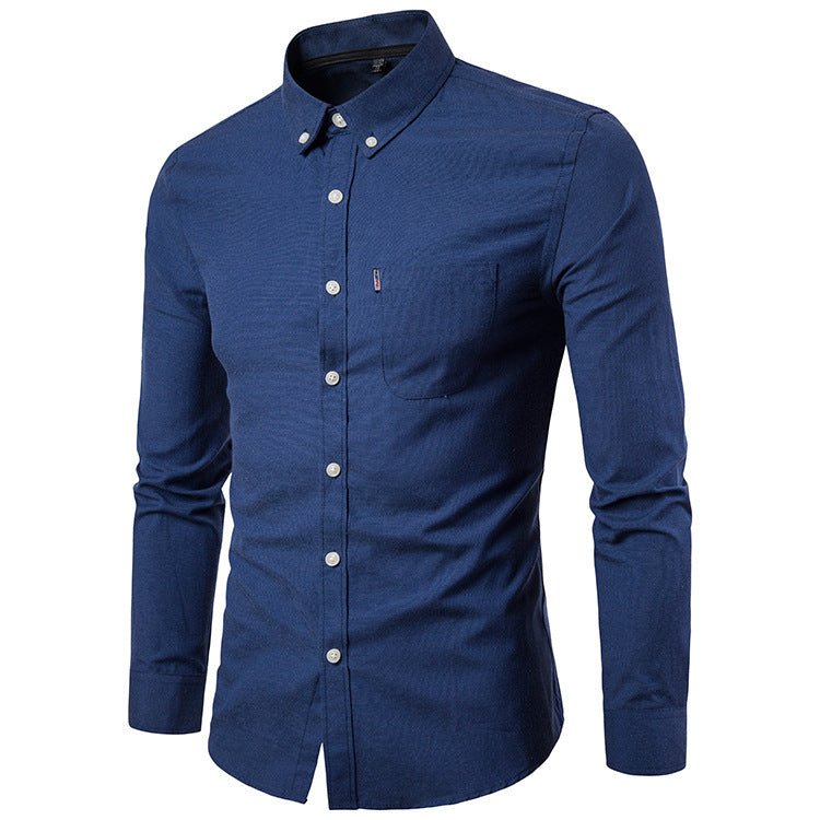 Korean men's slim fit long sleeve dress shirt by Ancient Energy, featuring a classic collar and tailored design in black.
