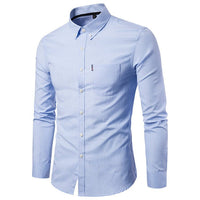 Korean men's slim fit long sleeve dress shirt by Ancient Energy, showcasing a sleek design and tailored fit.