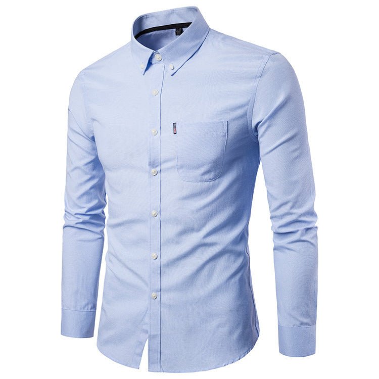 Korean men's slim fit long sleeve dress shirt by Ancient Energy, showcasing a sleek design and tailored fit.