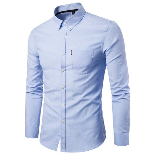 Korean men's slim fit long sleeve dress shirt by Ancient Energy, showcasing a sleek design and tailored fit.
