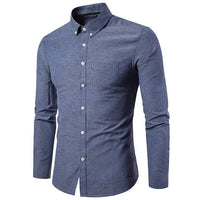 Korean men's slim fit long sleeve dress shirt by Ancient Energy, white cotton shirt with button-down collar and tailored fit.