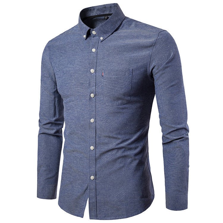 Korean men's slim fit long sleeve dress shirt by Ancient Energy, white cotton shirt with button-down collar and tailored fit.