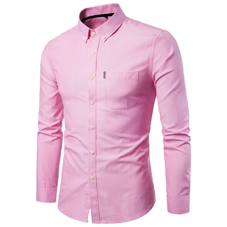 Korean men's slim fit long sleeve dress shirt by Ancient Energy, featuring a tailored design and classic collar in dark fabric.