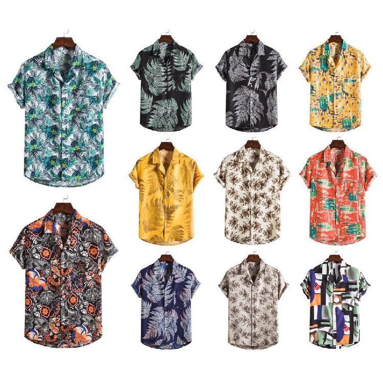 Men's short-sleeved beach shirt by Ancient Energy featuring a vibrant printed design, perfect for casual summer wear.