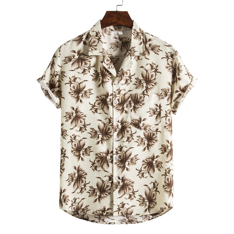 Men's short-sleeved beach shirt by Ancient Energy with a new vibrant printed design, perfect for casual summer wear.