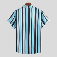 Men's striped shirt by Ancient Energy featuring a classic design, with blue and white vertical stripes and a button-up front.
