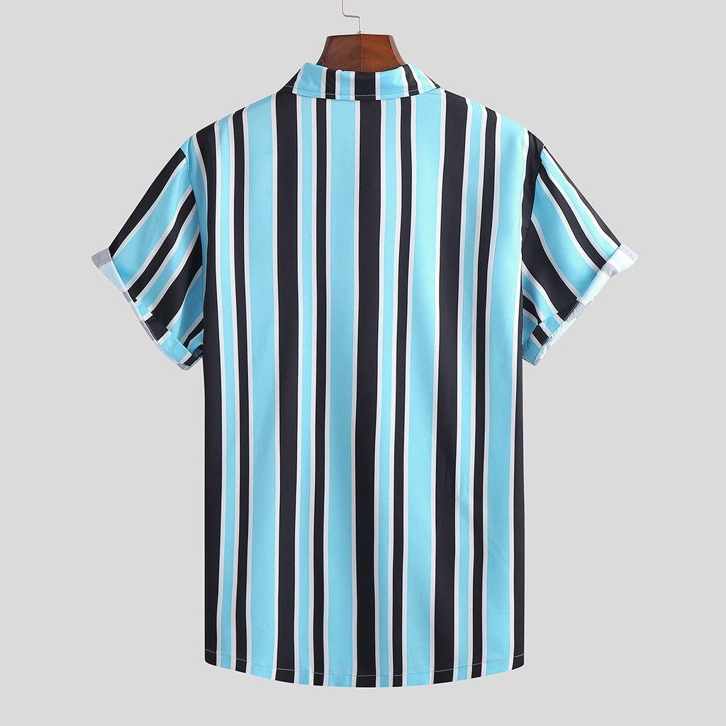 Men's striped shirt by Ancient Energy featuring a classic design, with blue and white vertical stripes and a button-up front.