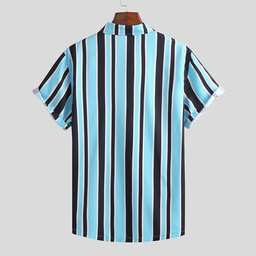 Men's striped shirt by Ancient Energy featuring a classic design, with blue and white vertical stripes and a button-up front.