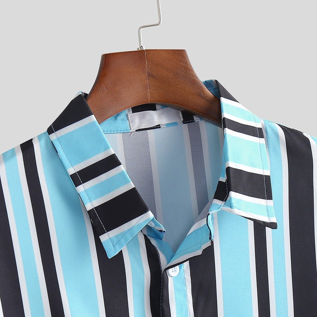 Men's striped shirt by Ancient Energy featuring a classic design and button-down front, shown in a close-up view.