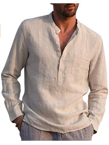 Men's vintage white linen shirt with button front by Ancient Energy, shown on a model with a casual, relaxed fit.