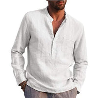 Men's vintage white linen shirt with button closure by Ancient Energy, featuring a classic and breathable design.