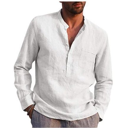 Men's vintage white linen shirt with button closure by Ancient Energy, featuring a classic and breathable design.