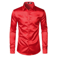 Men's black satin dress shirt by Ancient Energy, featuring a smooth, shiny fabric and classic collar detail.