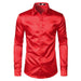 Men's black satin dress shirt by Ancient Energy, featuring a smooth, shiny fabric and classic collar detail.