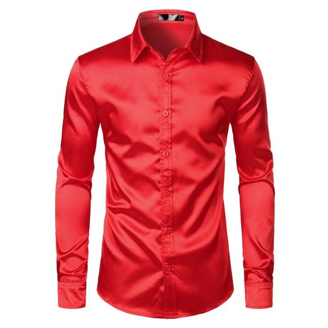 Men's black satin dress shirt by Ancient Energy, featuring a smooth, shiny fabric and classic collar detail.