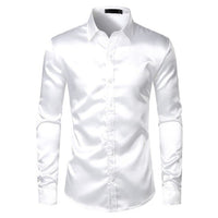 Men's black satin dress shirt by Ancient Energy, shown in a sleek, tailored fit with a classic collar and smooth satin fabric.