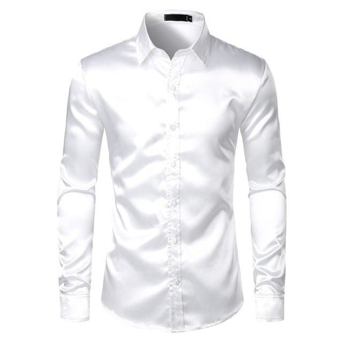 Men's black satin dress shirt by Ancient Energy, shown in a sleek, tailored fit with a classic collar and smooth satin fabric.