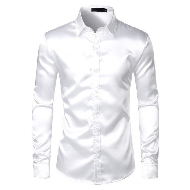 Men's black satin dress shirt by Ancient Energy, shown in a sleek, tailored fit with a classic collar and smooth satin fabric.