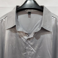 Mens black satin dress shirt by Ancient Energy, featuring a sleek, smooth fabric and classic collar design.