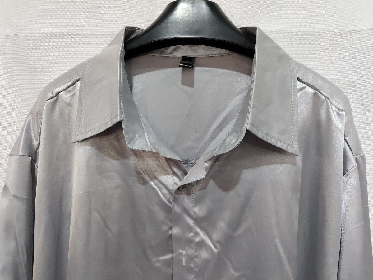 Mens black satin dress shirt by Ancient Energy, featuring a sleek, smooth fabric and classic collar design.
