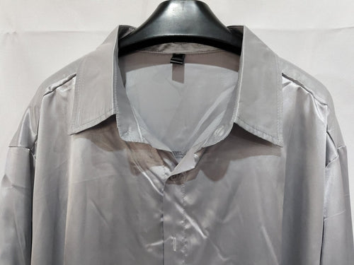 Mens black satin dress shirt by Ancient Energy, featuring a sleek, smooth fabric and classic collar design.