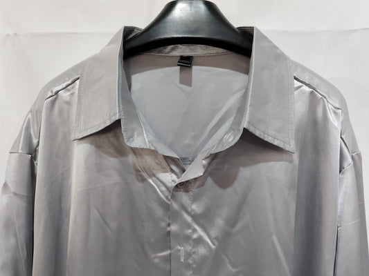 Mens black satin dress shirt by Ancient Energy, featuring a sleek, smooth fabric and classic collar design.