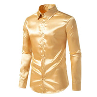 Mens black satin dress shirt by Ancient Energy, featuring a sleek, smooth fabric and classic collar for formal occasions.