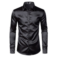 Men's black satin dress shirt by Ancient Energy, featuring a sleek, smooth fabric and classic collar style.