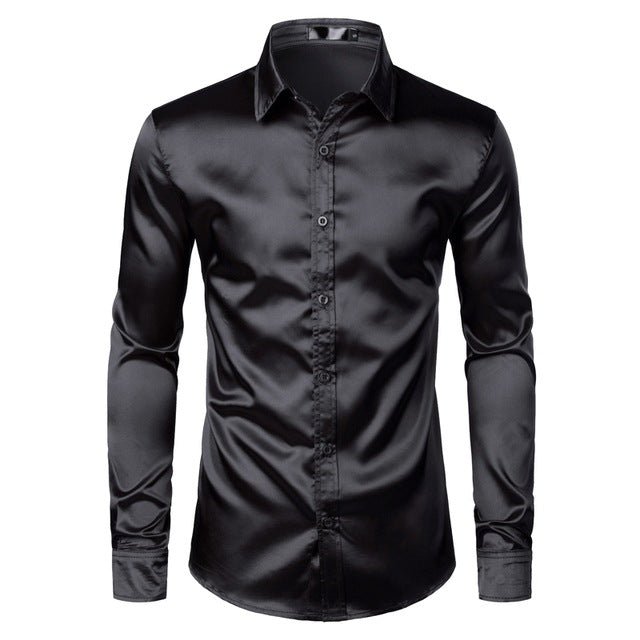 Men's black satin dress shirt by Ancient Energy, featuring a sleek, smooth fabric and classic collar style.