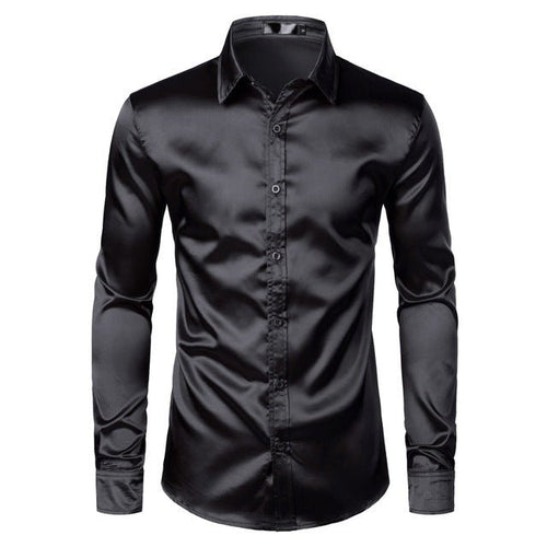 Men's black satin dress shirt by Ancient Energy, featuring a sleek, smooth fabric and classic collar style.